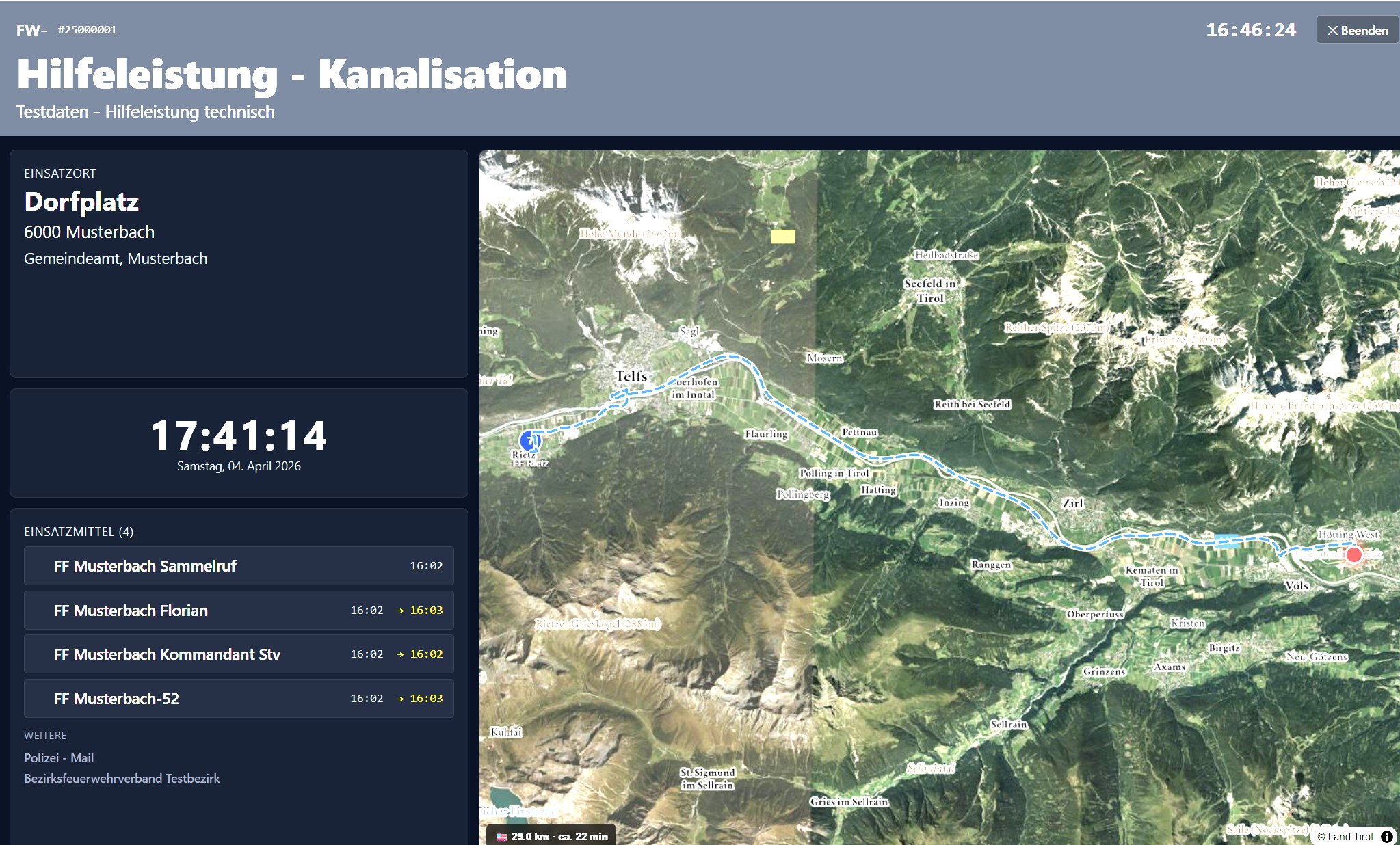Alarm-Ansicht: Kartenausschnitt und Einsatz-Widgets
